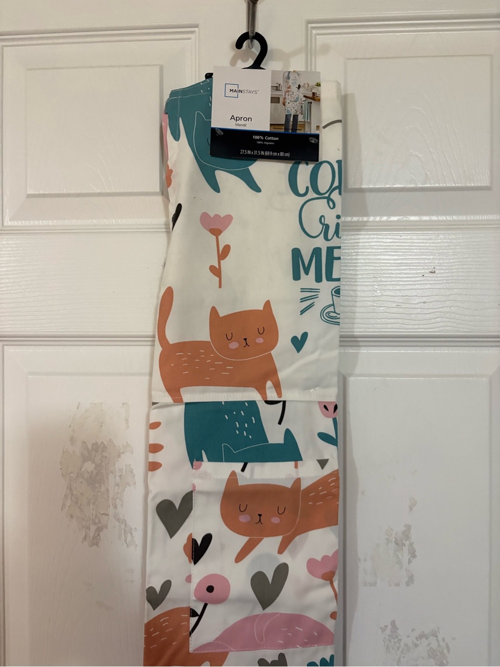 Mainstays Cotton Cat Print Apron - Cream with Terracotta & Teal Accents OS coffe